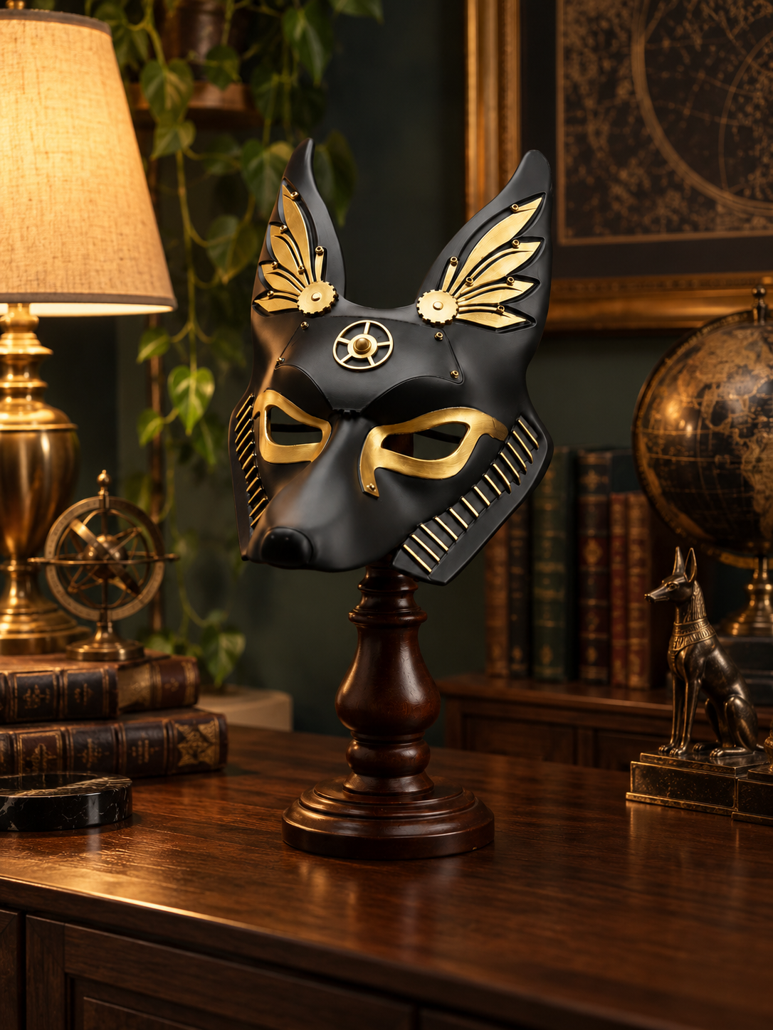 Black and gold Anubis Mask displayed on a collector stand in an elegant study