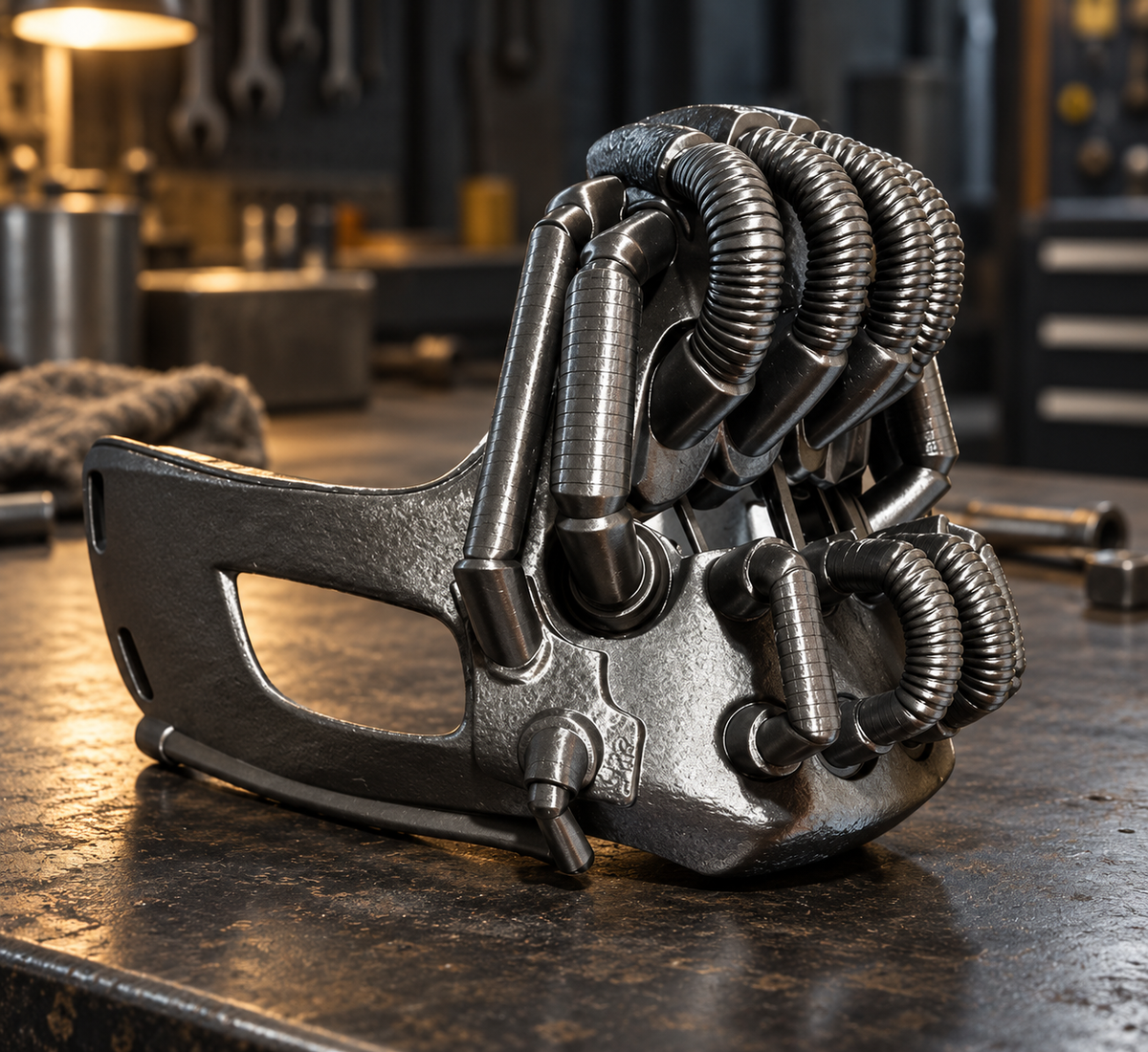 Gunmetal Bane Mask displayed on an industrial workbench