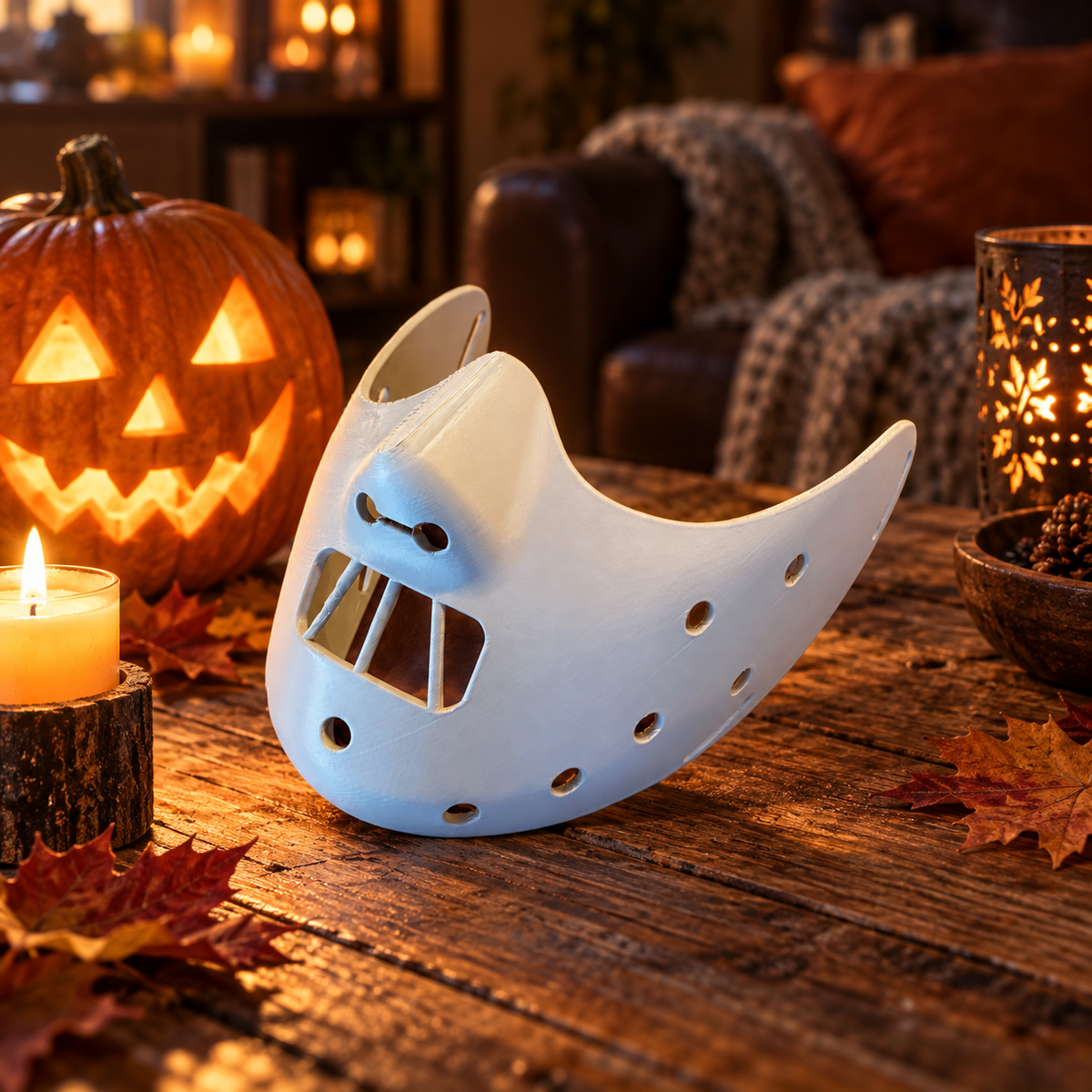 White Hannibal Lecter-style mask with an autumn pumpkin display