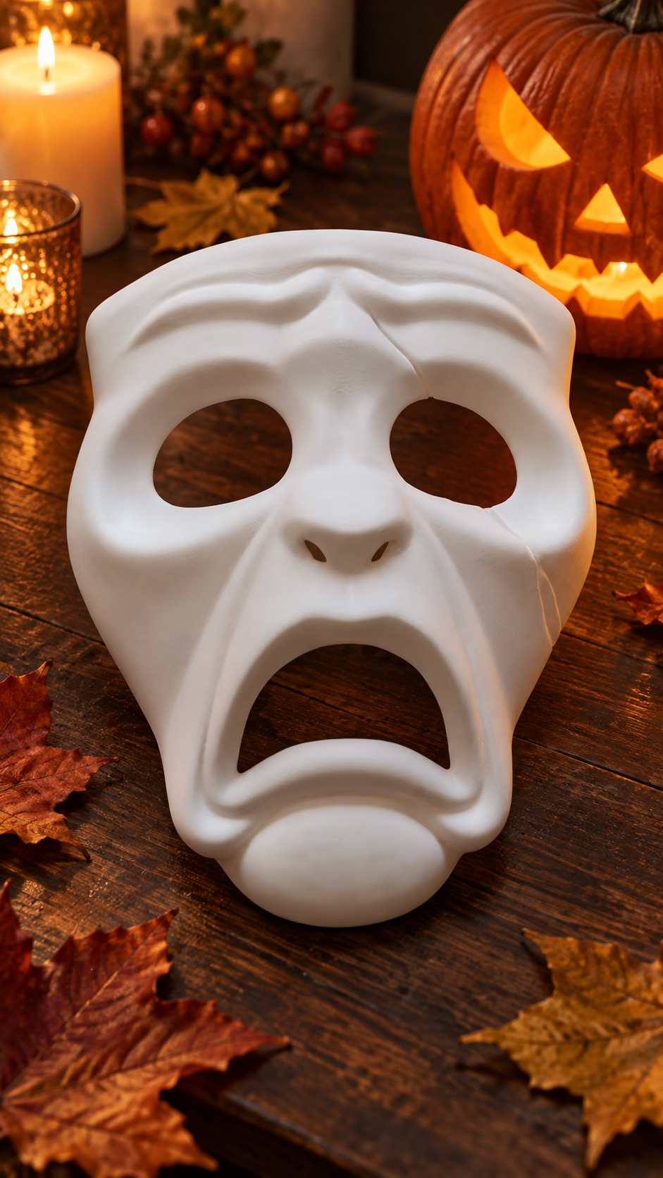 White Tragedy Theatre Mask displayed on a pumpkin-themed table
