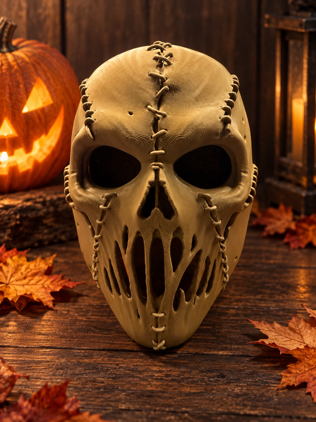 Stitched Skull Mask displayed on a warm wooden table with pumpkins and studio lighting
