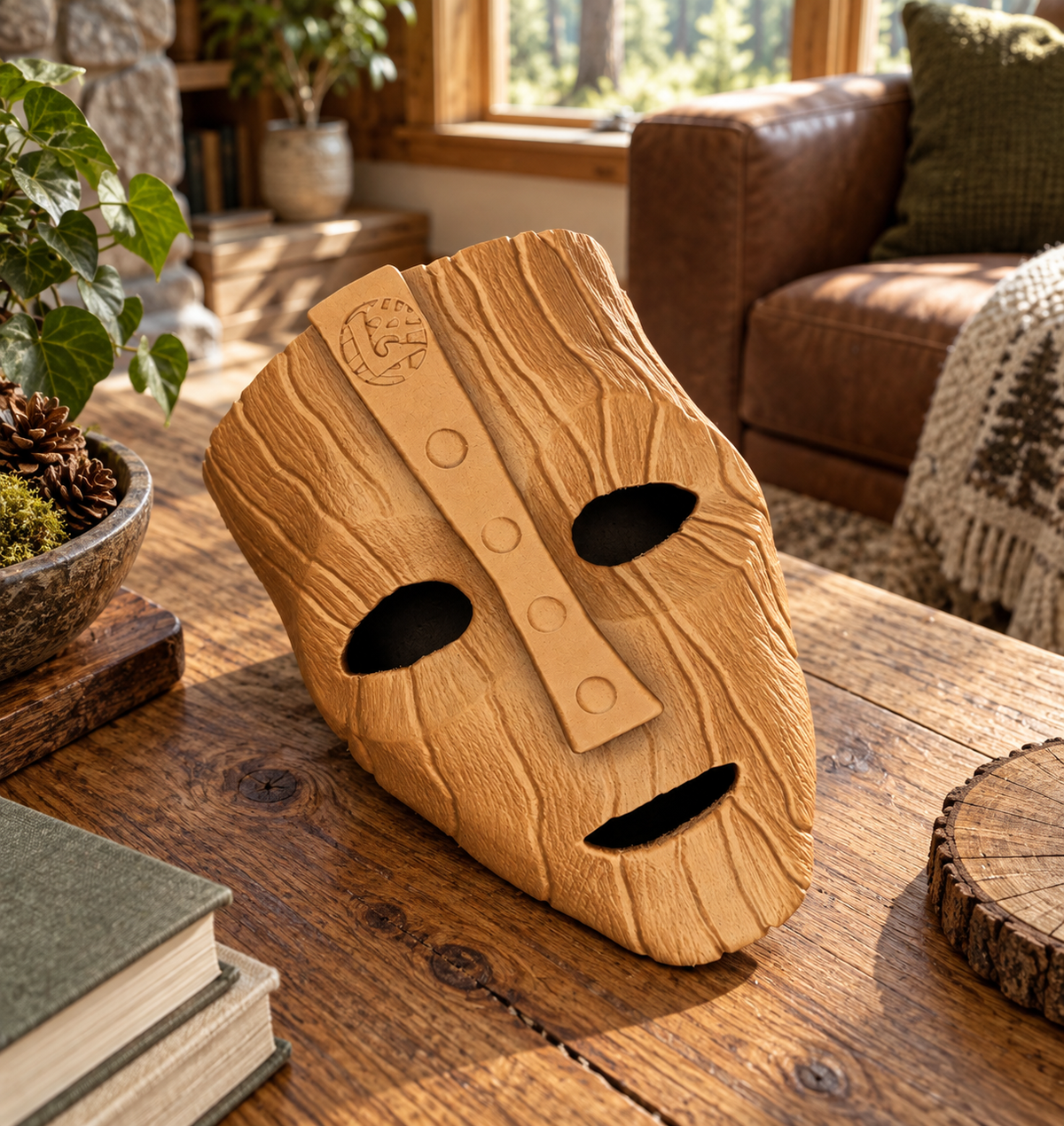 The Mask - Mask displayed on a wooden table in a bright woodland-inspired living room