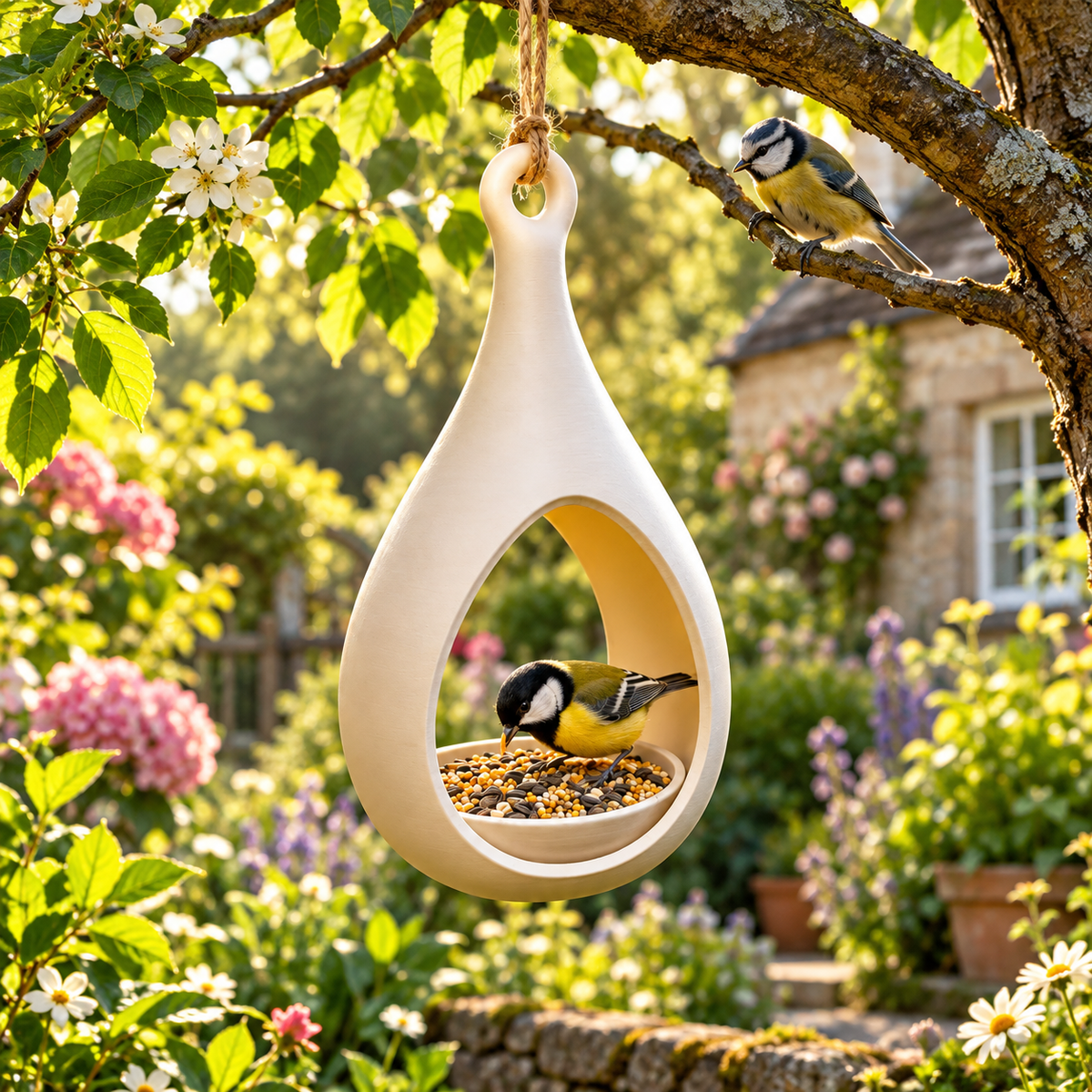 Natural beige teardrop bird feeder hanging in a garden with a bird at the seed tray