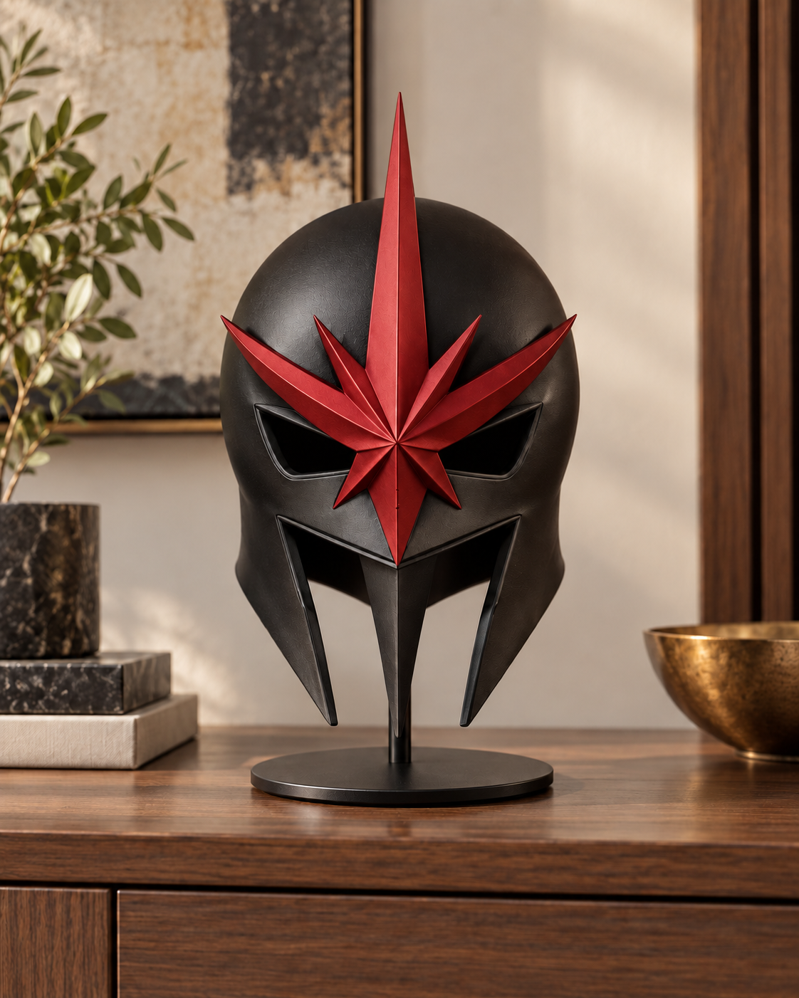 Black Nova Corps-inspired helmet with red star emblem on display.