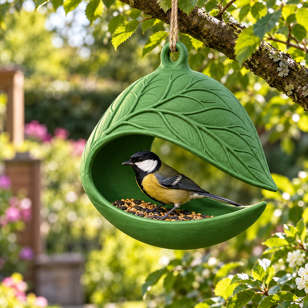 Green leaf-shaped hanging bird feeder with a bird perched on the seed tray