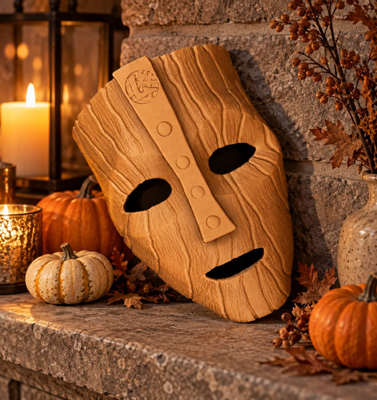 The Mask - Mask displayed against a stone fireplace with autumn decor and candlelight