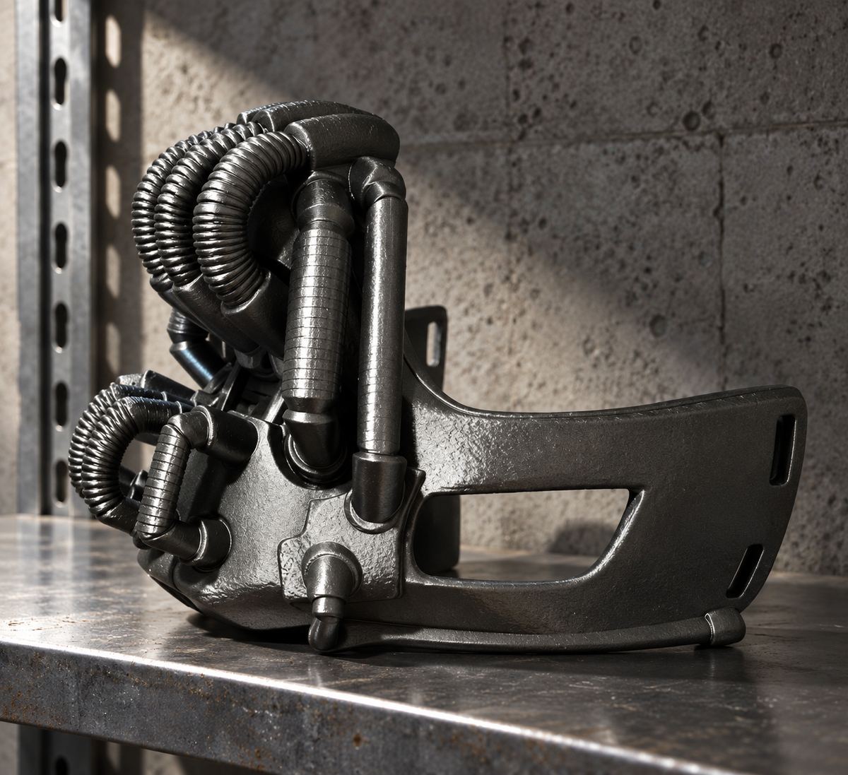 Gunmetal Bane Mask displayed on a concrete loft shelf
