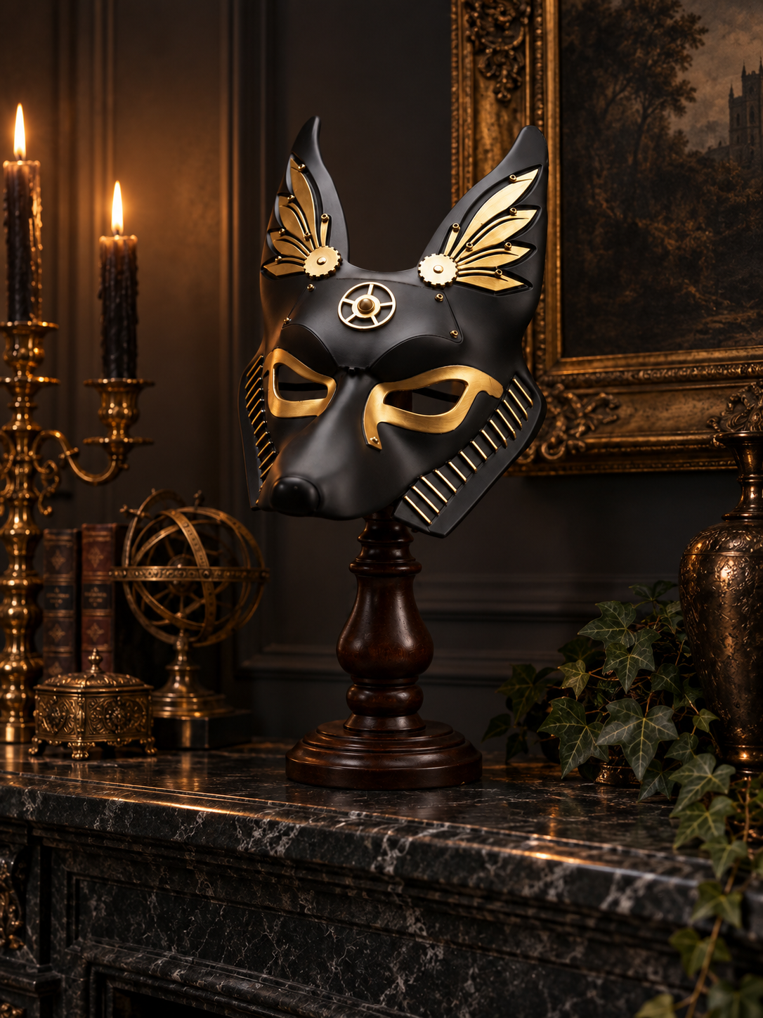 Black and gold Anubis Mask displayed on a mantelpiece with warm lighting