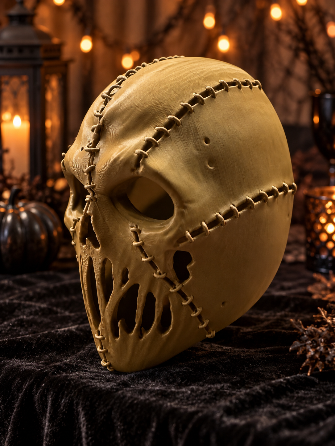Stitched Skull Mask displayed in a dark Halloween room beside candlelight and vintage decor