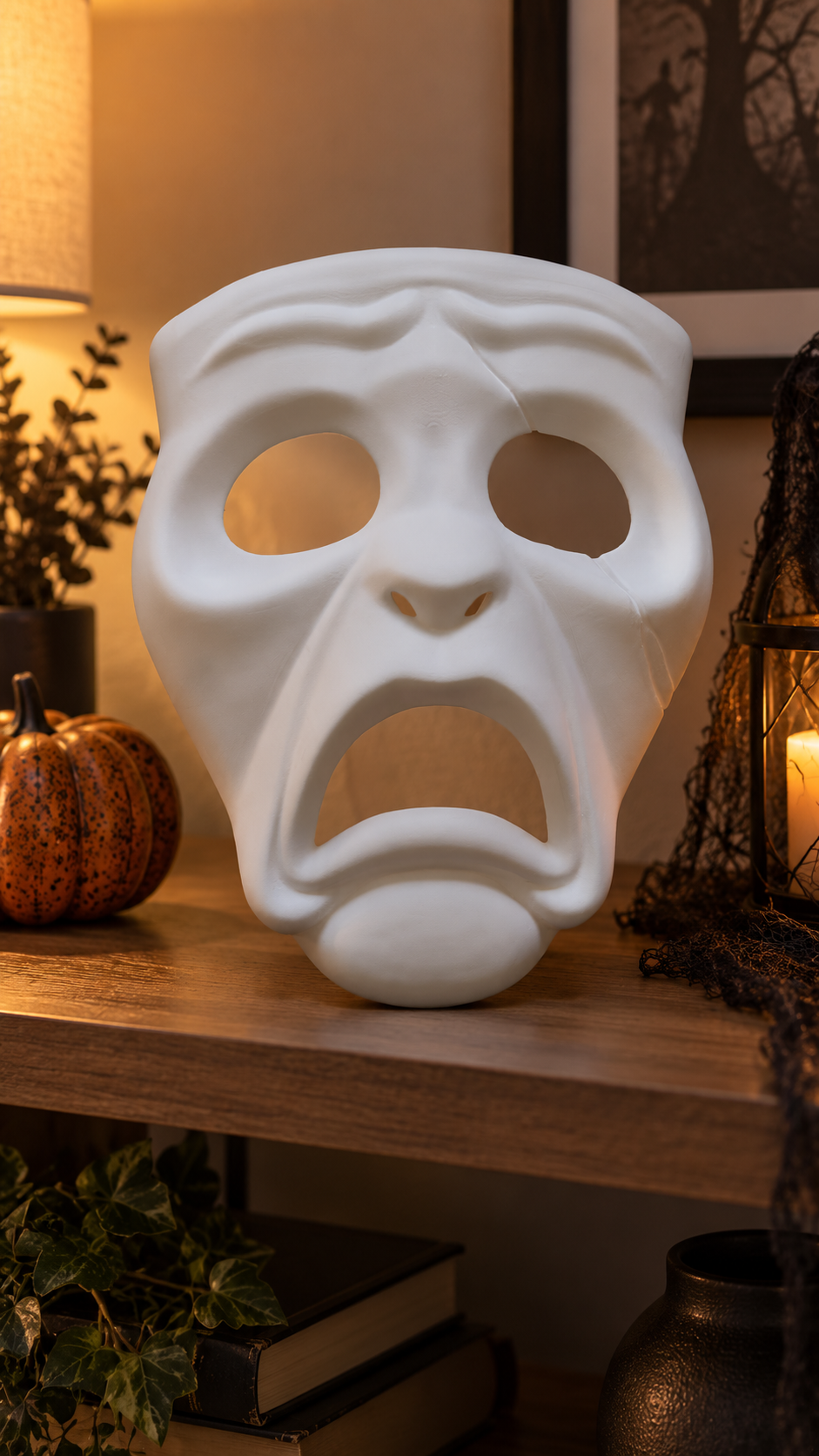 White Tragedy Theatre Mask displayed on a living room shelf