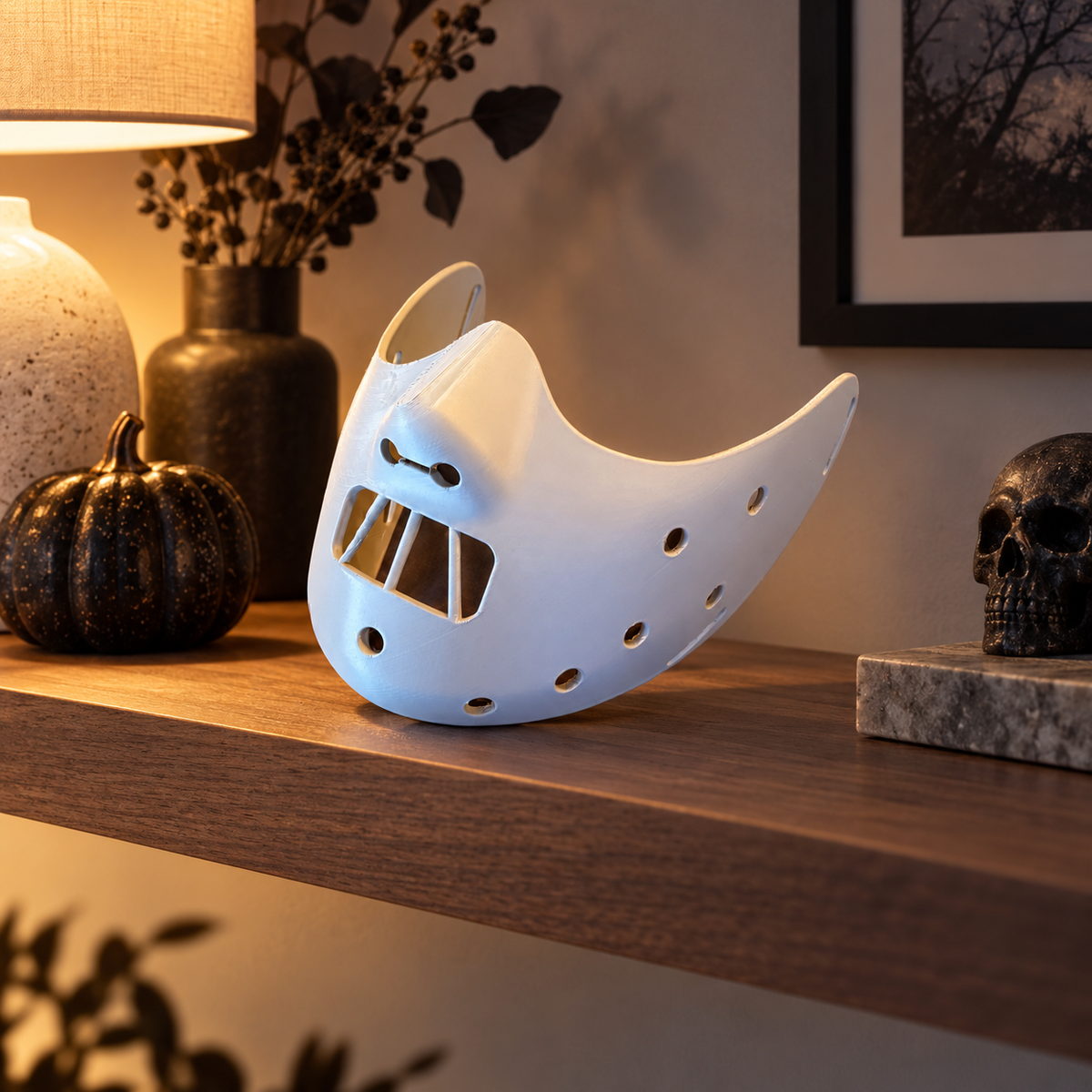 White Hannibal Lecter-style mask on a modern shelf