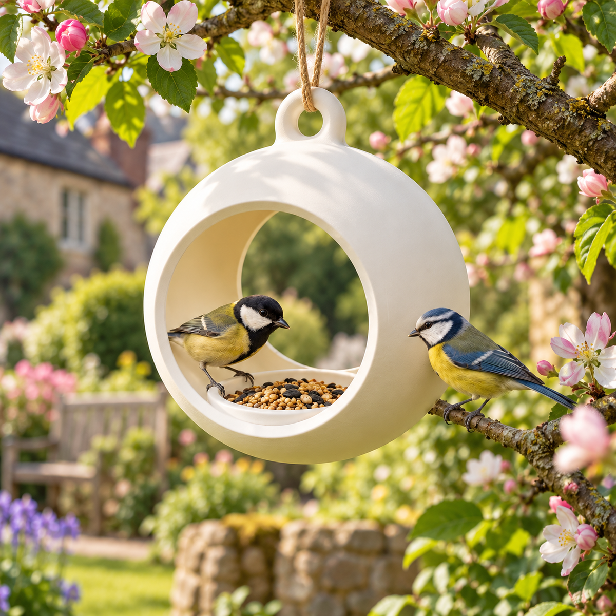 White round bird feeder hanging among blossoms with birds near the seed opening