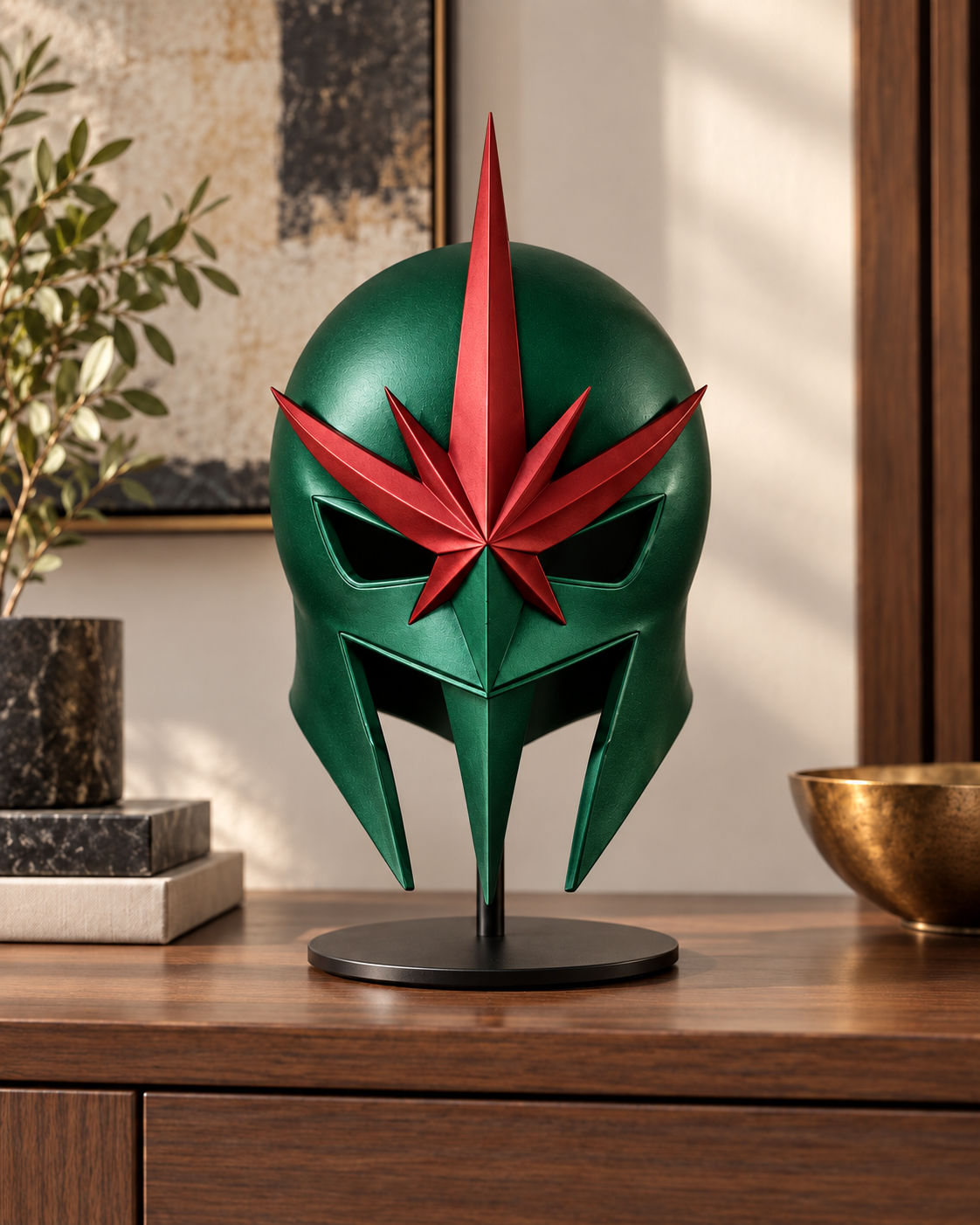 Emerald green Nova Corps-inspired helmet with red star emblem on display.
