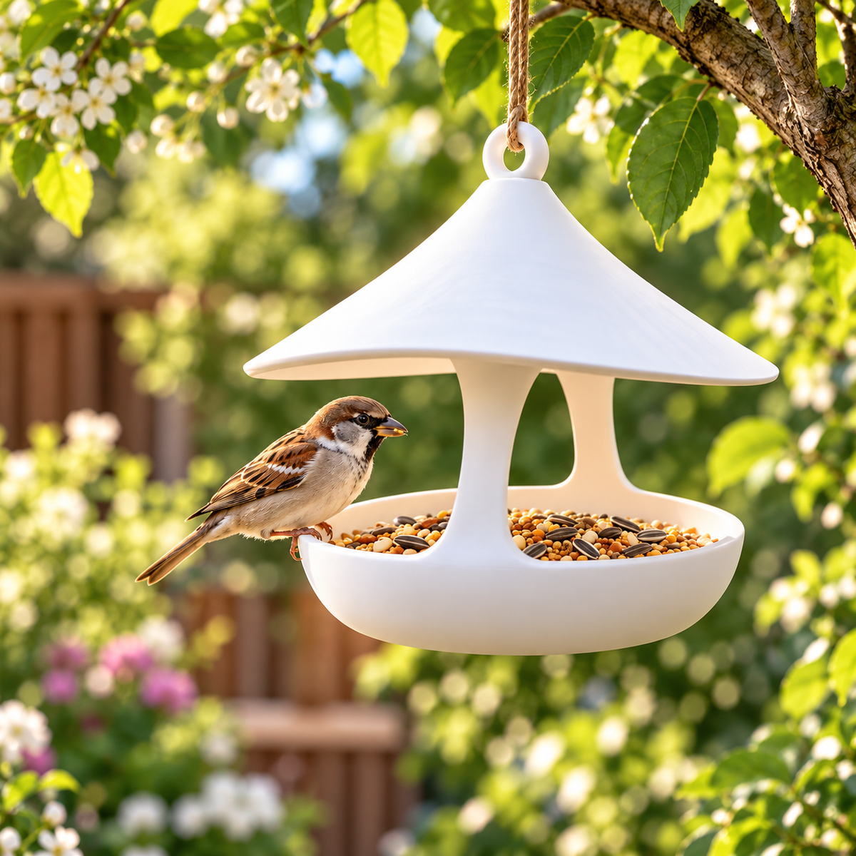 White minimalist hanging bird feeder with conical canopy and deep seed bowl in a garden