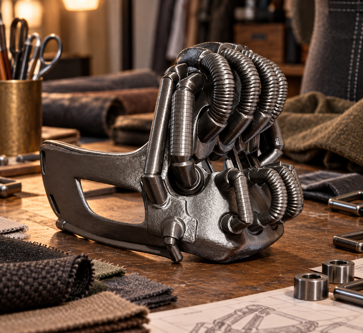 Gunmetal Bane Mask displayed on a costume designer desk