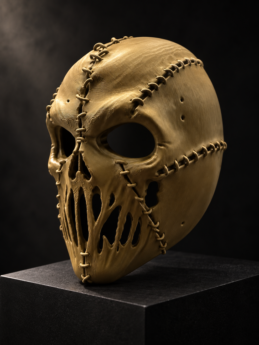 Side view of a Stitched Skull Mask displayed on a dark plinth with dramatic coloured lighting