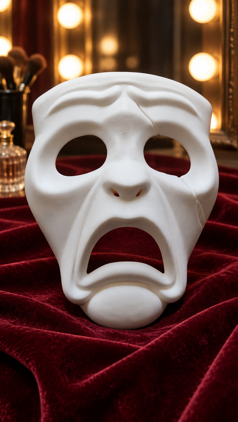 White Tragedy Theatre Mask displayed in a dressing room