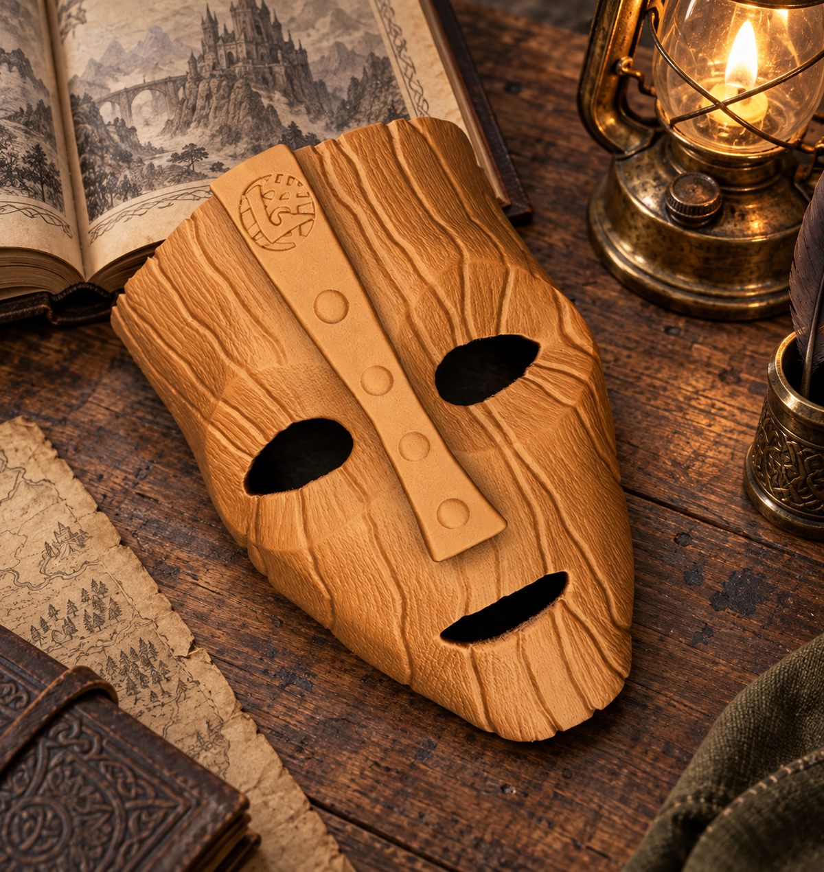 The Mask - Mask displayed on a fantasy-themed desk beside an open illustrated book and lantern