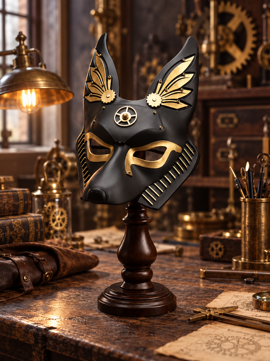 Black and gold Anubis Mask displayed in a detailed antique workshop setting