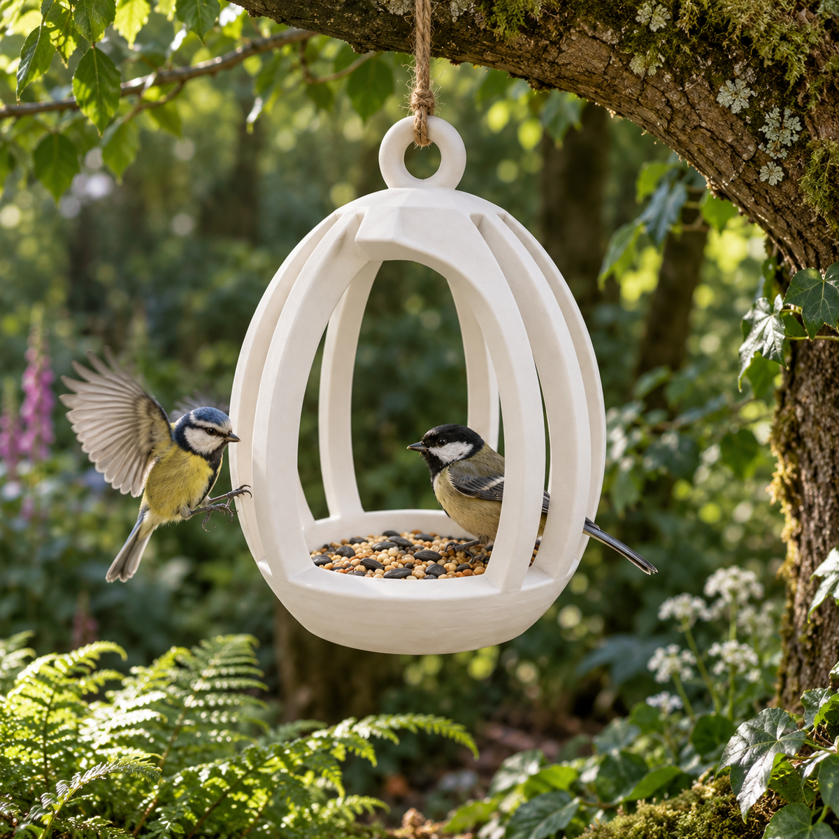 White curved-rib hanging bird feeder with birds near a seed tray