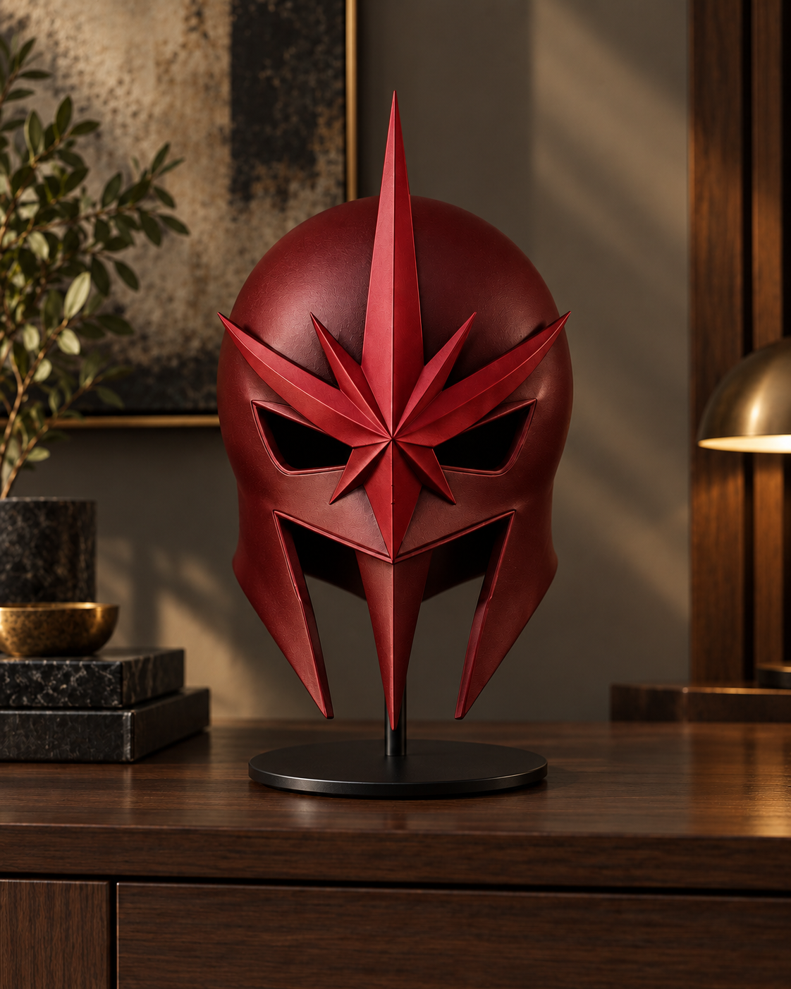 Crimson red Nova Corps-inspired helmet with red star emblem on display.