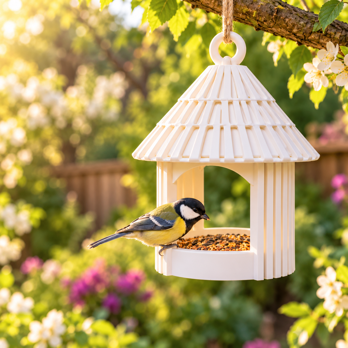 White hut-shaped hanging bird feeder with open front and seed tray in a garden