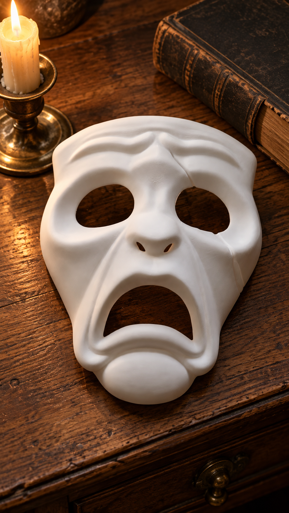 White Tragedy Theatre Mask displayed on an antique desk
