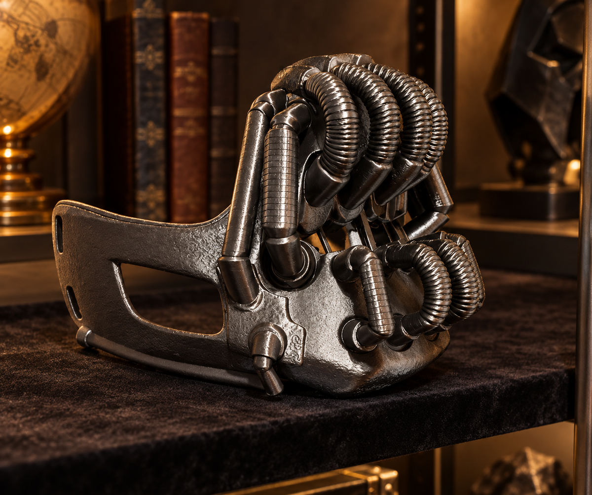 Gunmetal Bane Mask displayed on a collectors shelf