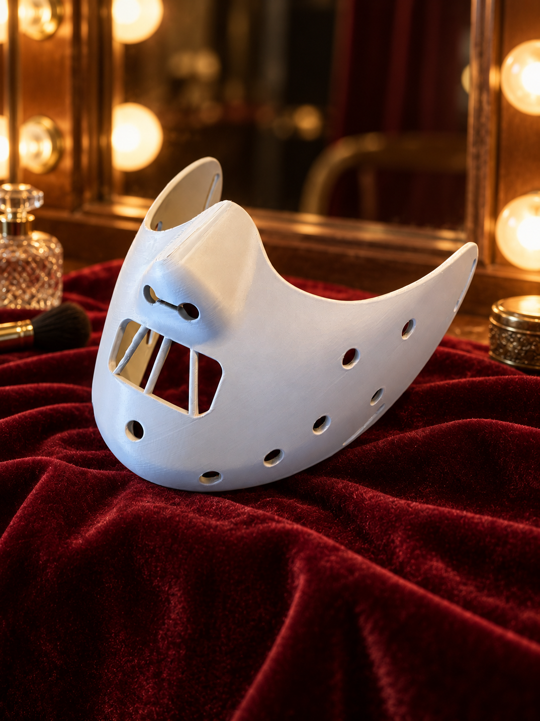 White Hannibal Lecter-style mask displayed in a dressing room