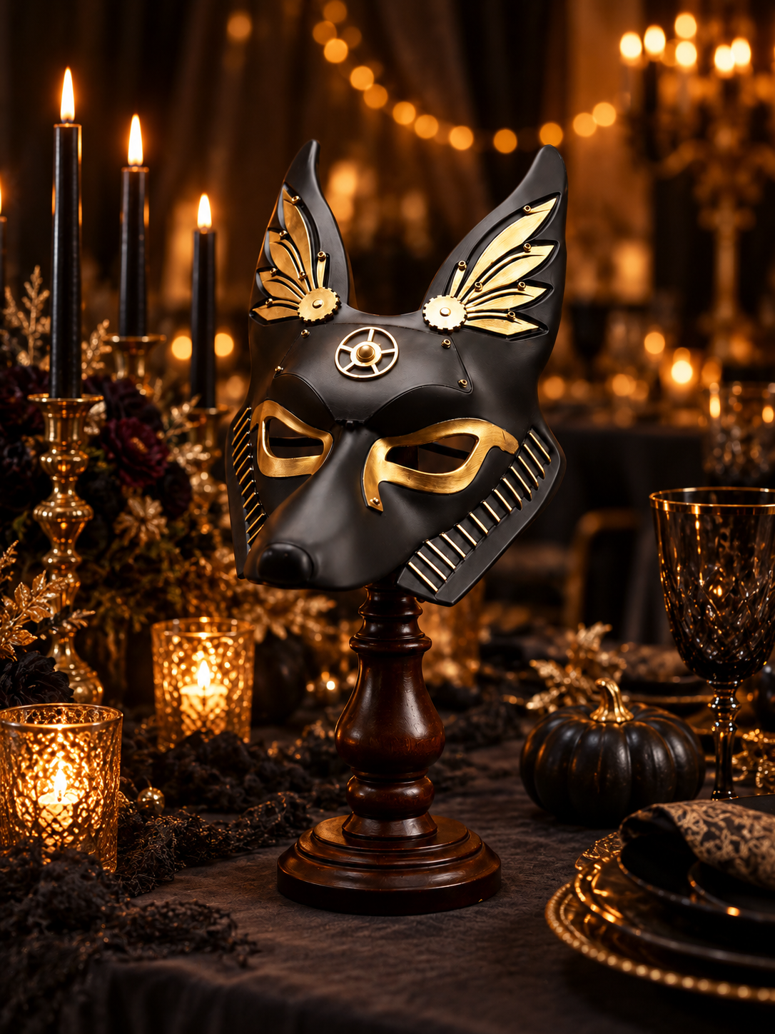 Black and gold Anubis Mask displayed at a dramatic Halloween table setting