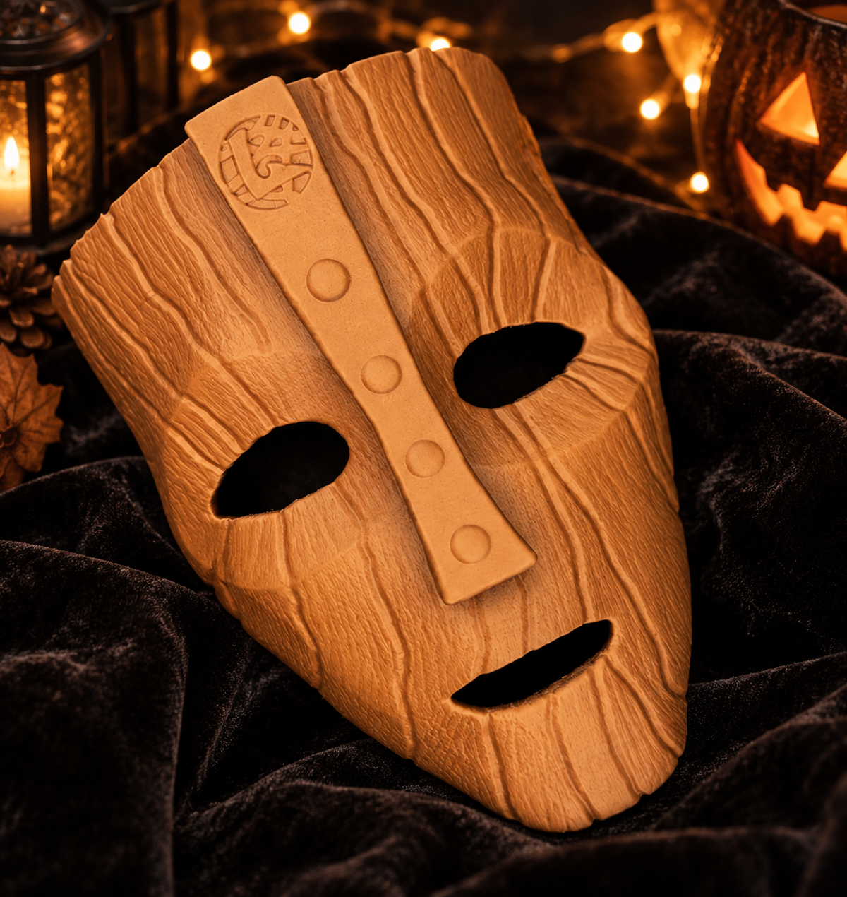 The Mask - Mask displayed on dark fabric with warm Halloween lights