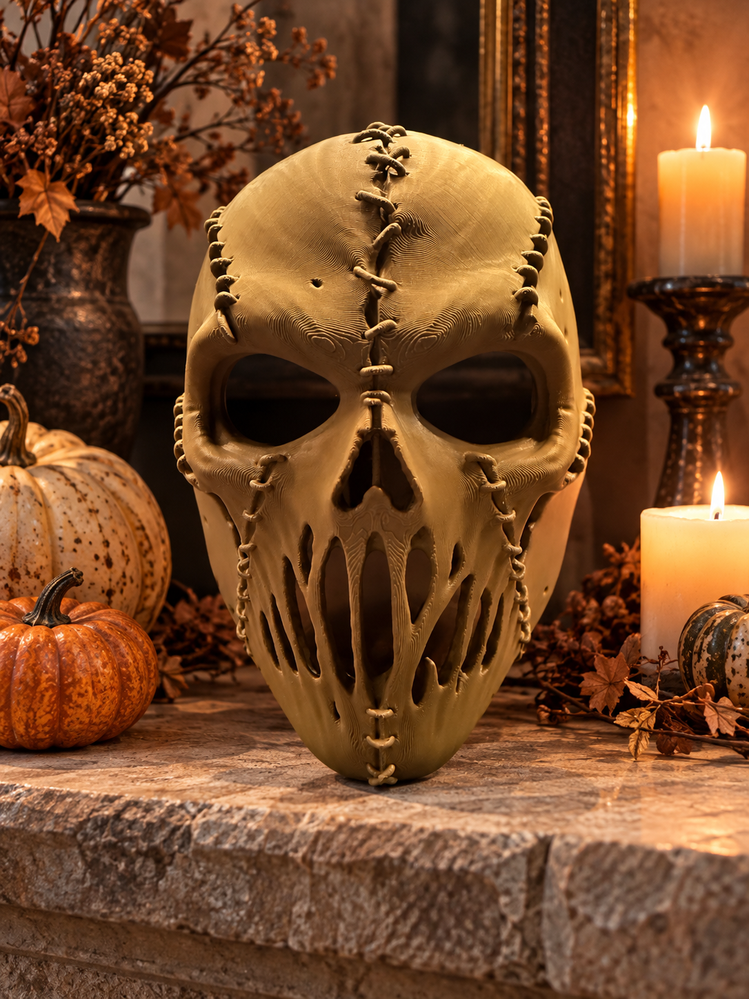 Stitched Skull Mask displayed on an autumn mantelpiece with candles and seasonal decor