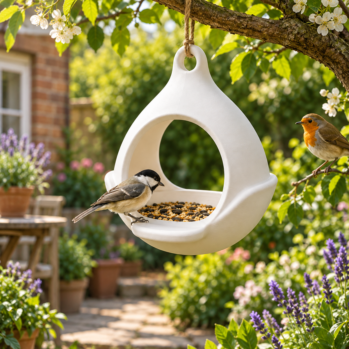 White drop-shaped hanging bird feeder with open front and curved seed tray