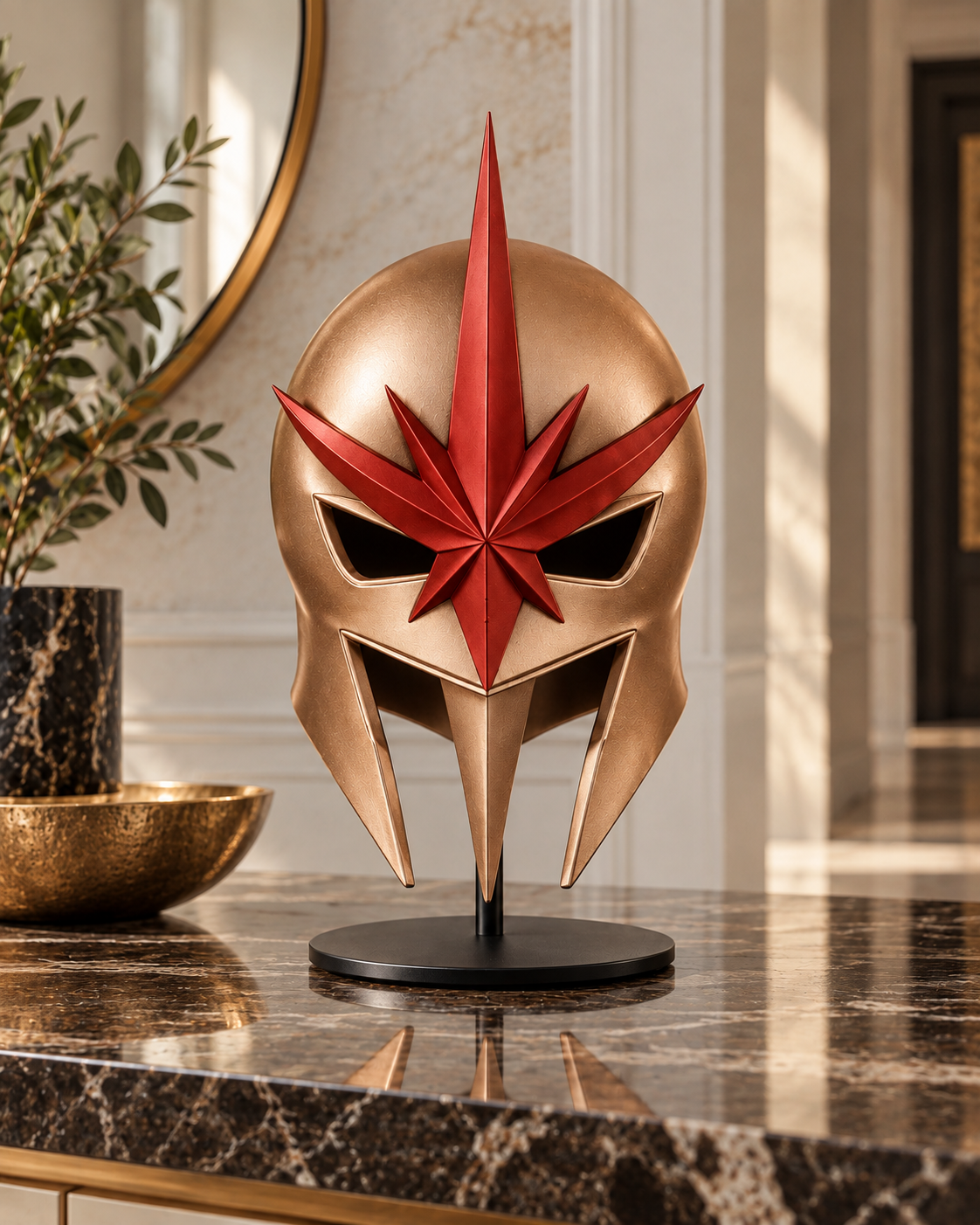 Rose gold Nova Corps-inspired helmet with red star emblem on display.