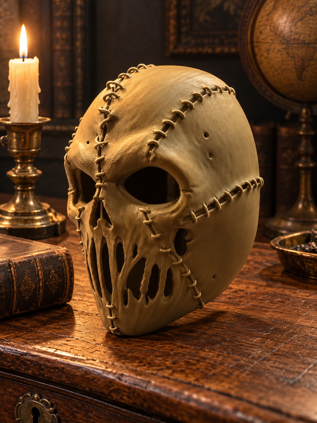 Stitched Skull Mask displayed on an antique desk with candlelight and autumn branches