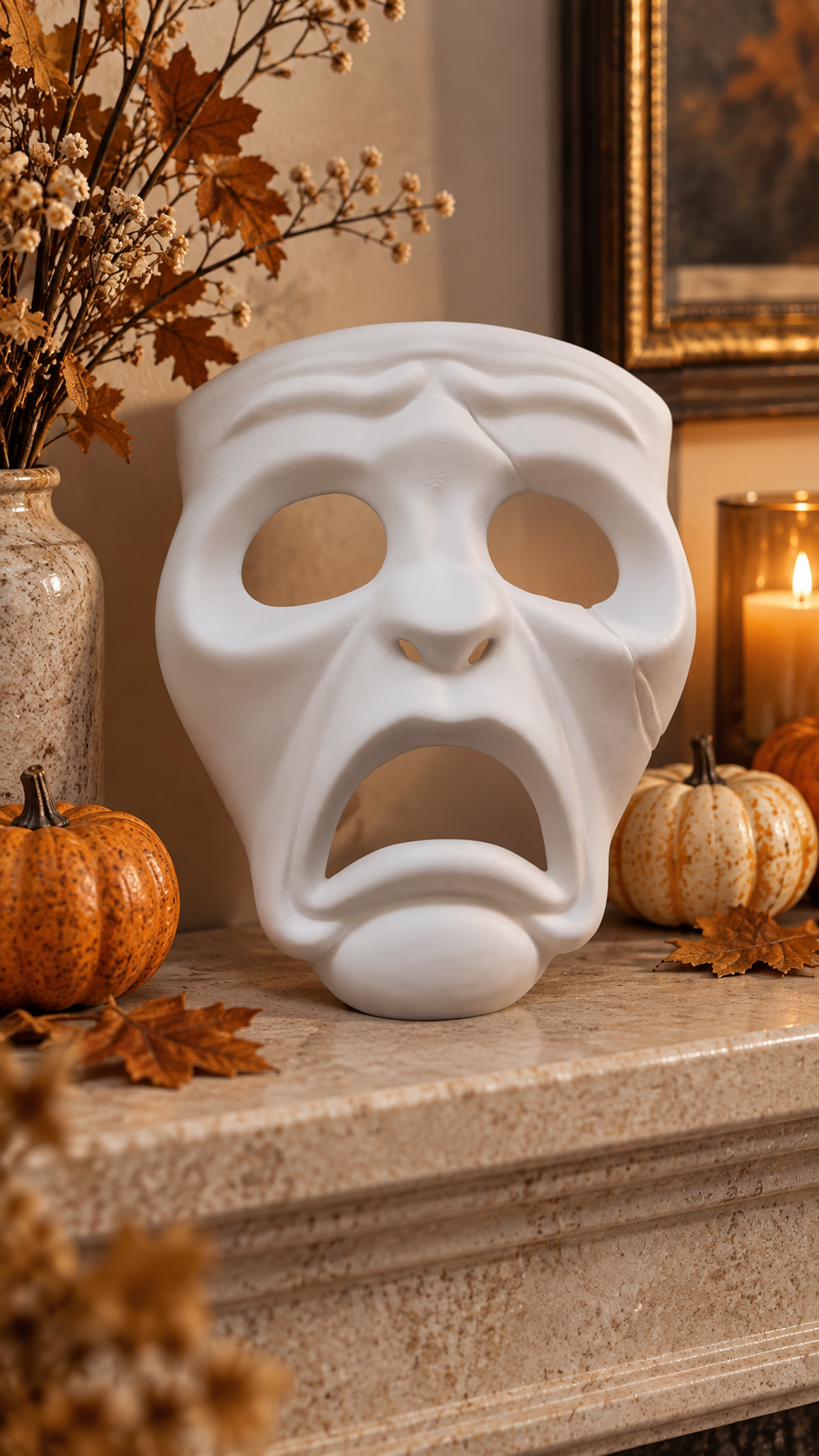 White Tragedy Theatre Mask displayed on an autumn mantelpiece