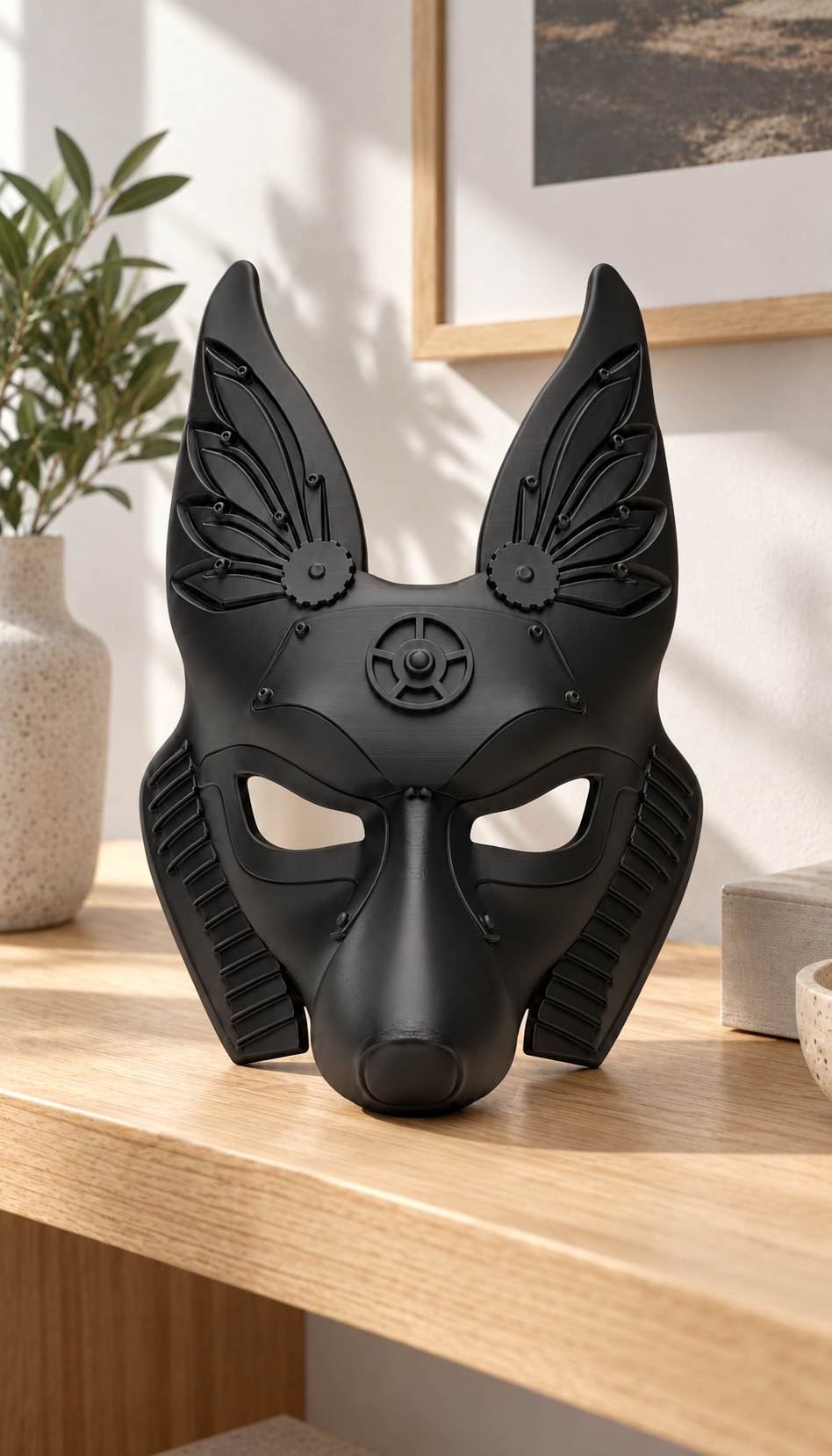 Black Anubis Mask displayed on a modern shelf in a contemporary interior