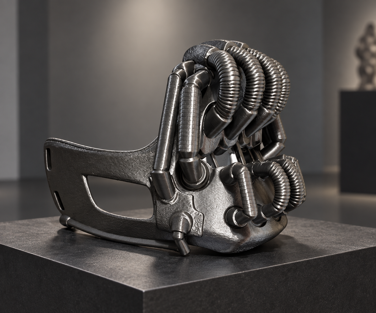 Gunmetal Bane Mask displayed on a gallery plinth