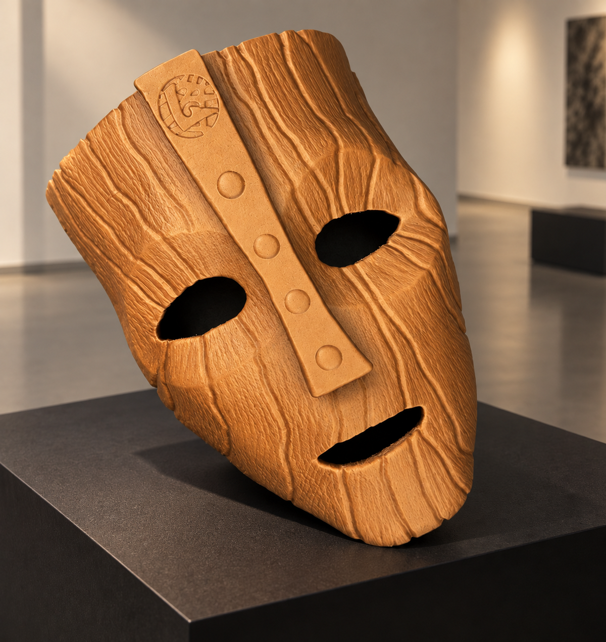 The Mask - Mask displayed on a black gallery plinth in a modern interior