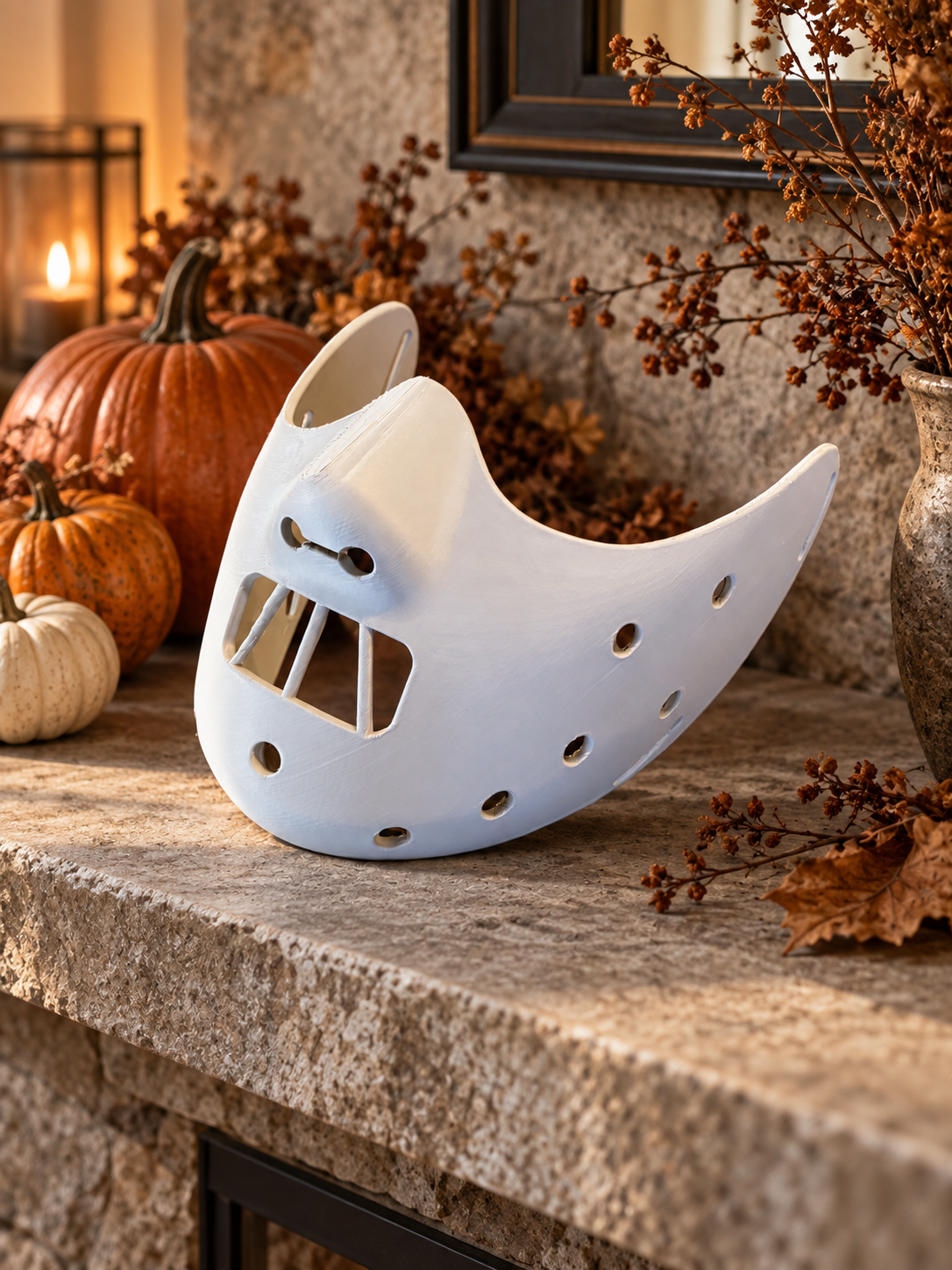White Hannibal Lecter-style mask displayed on a mantelpiece