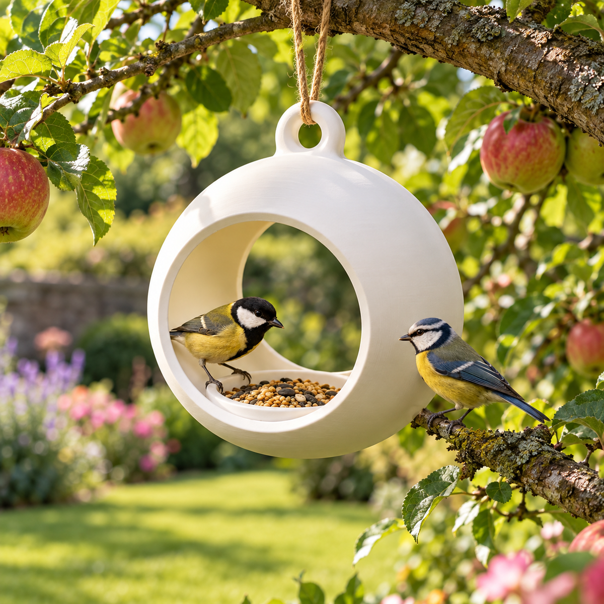 White spherical hanging bird feeder with a circular opening among orchard branches