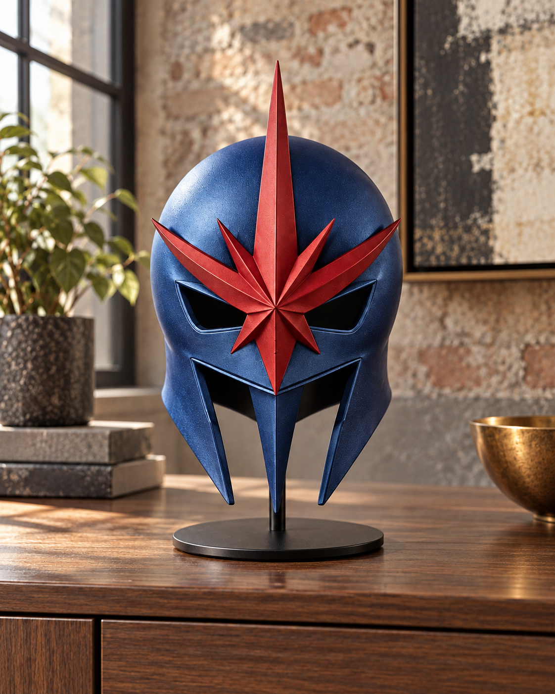 Blue Nova Corps-inspired helmet with red star emblem on display.