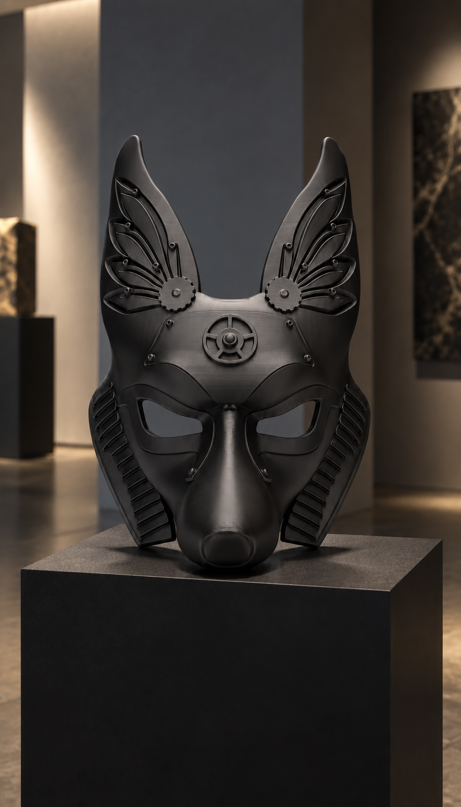 Black and gold Anubis Mask displayed in a dark gallery interior
