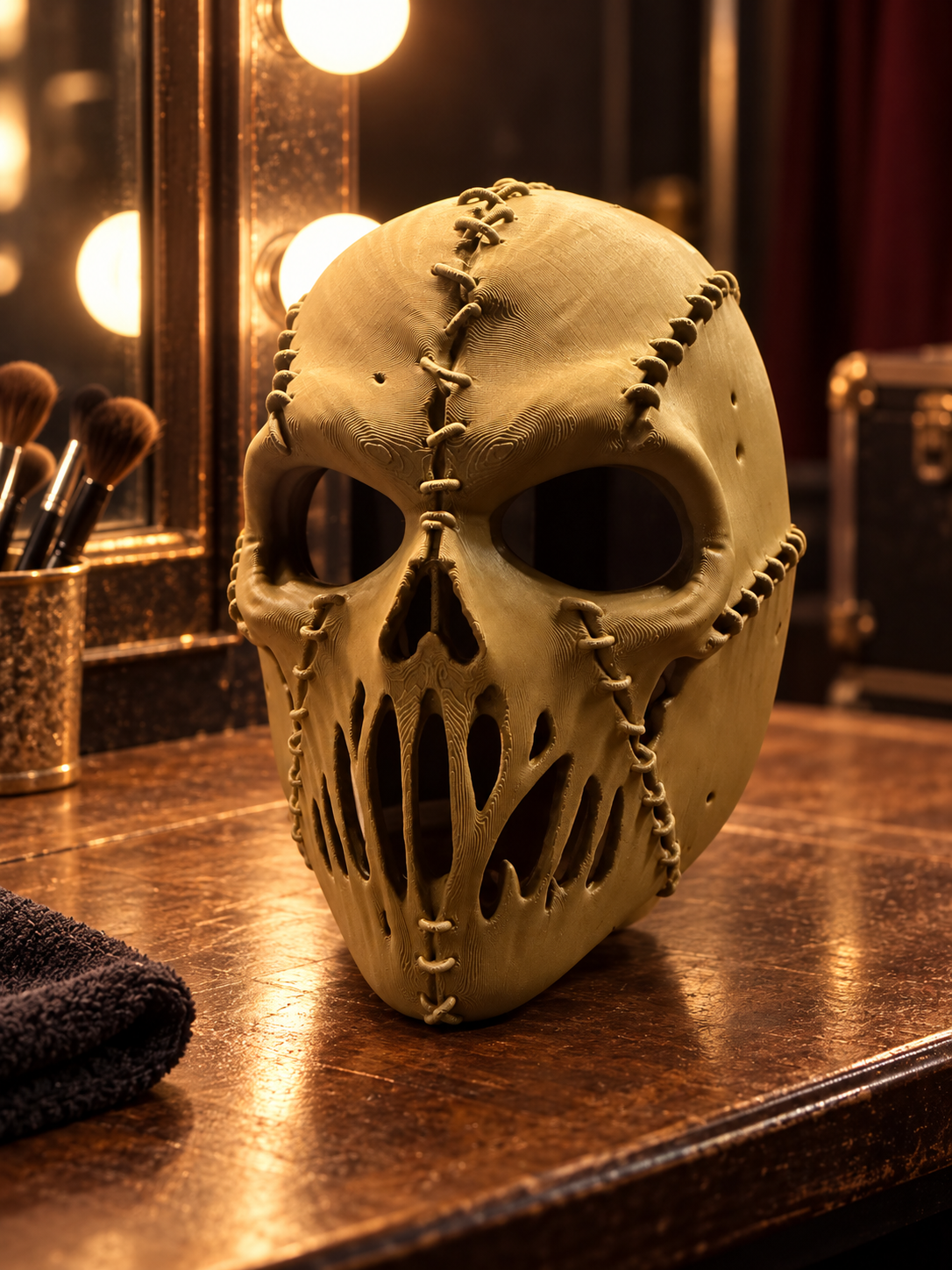 Stitched Skull Mask displayed in a warmly lit dressing room setting
