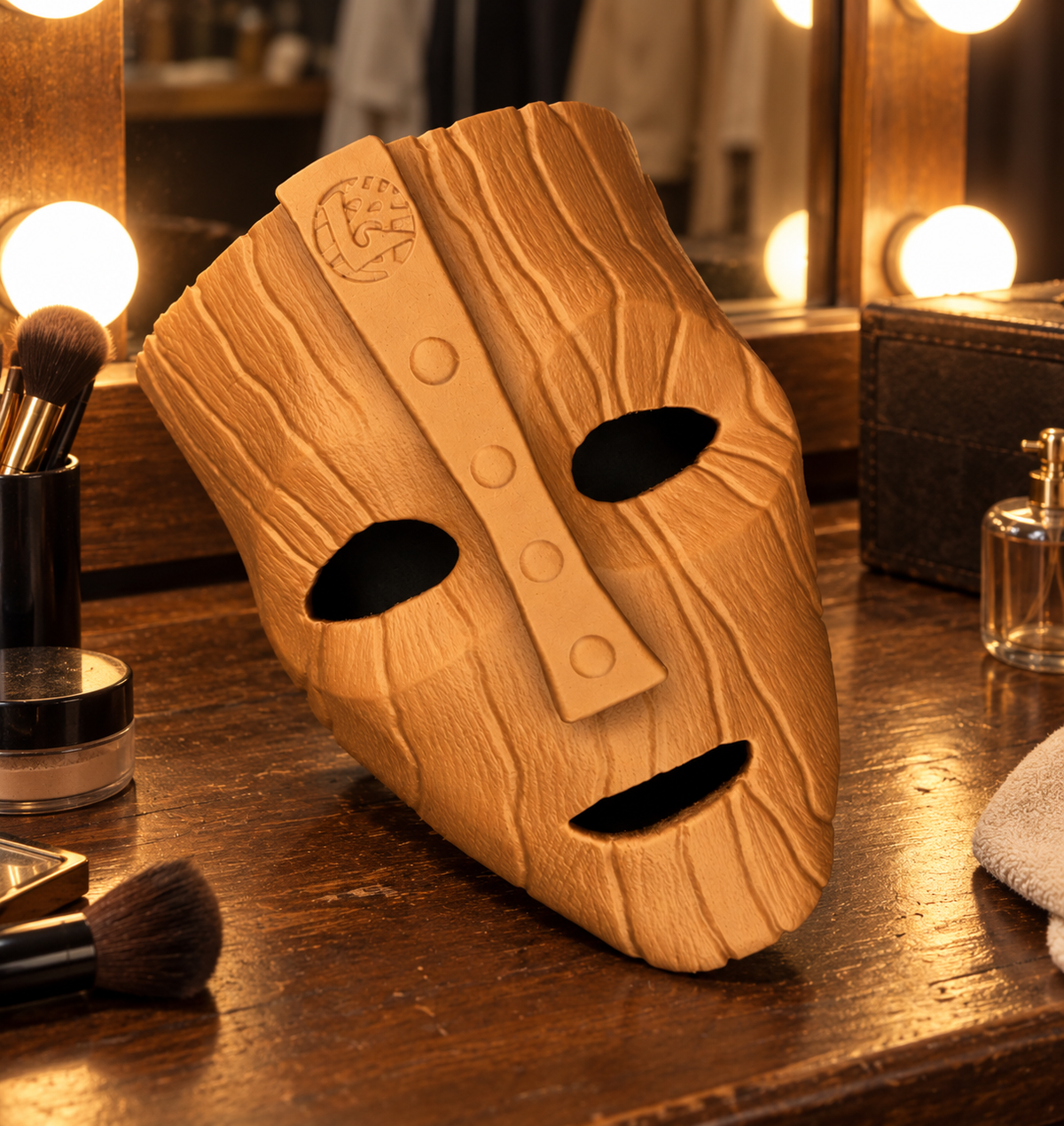 The Mask - Mask displayed on a dressing table surrounded by warm vanity lights