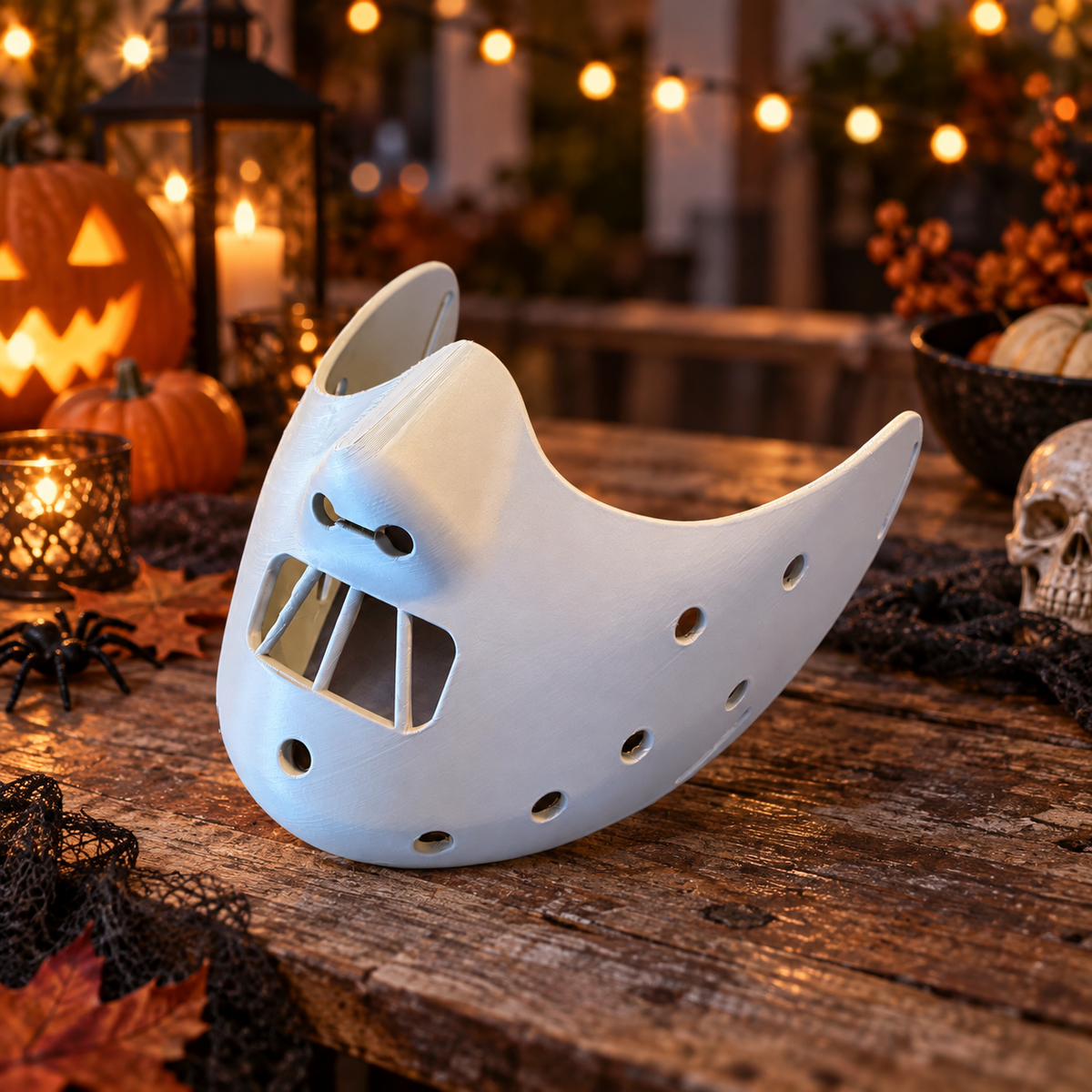 White Hannibal Lecter-style mask at a Halloween party display