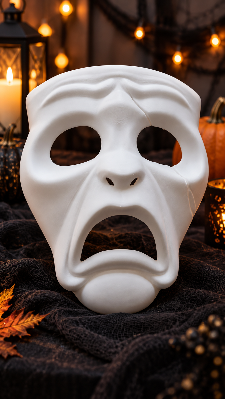 White Tragedy Theatre Mask at a Halloween party display