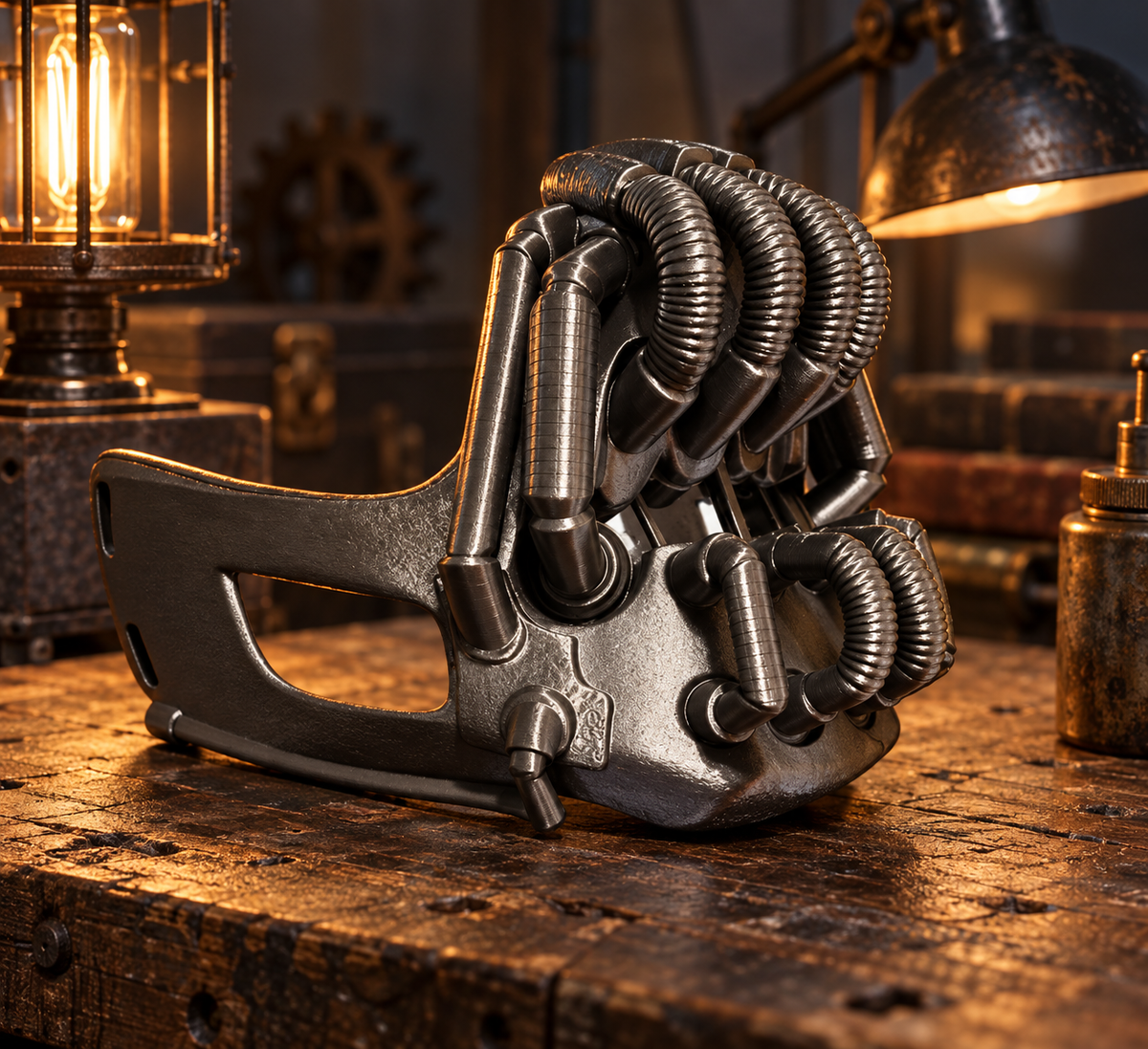 Gunmetal Bane Mask displayed on a vintage industrial table