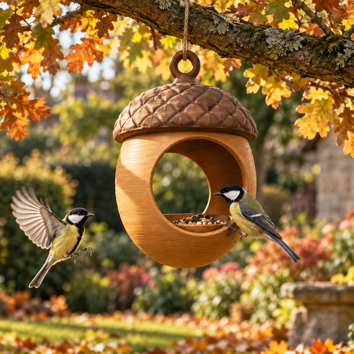 Brown wood-look acorn-shaped hanging feeder with textured cap and open feeding area