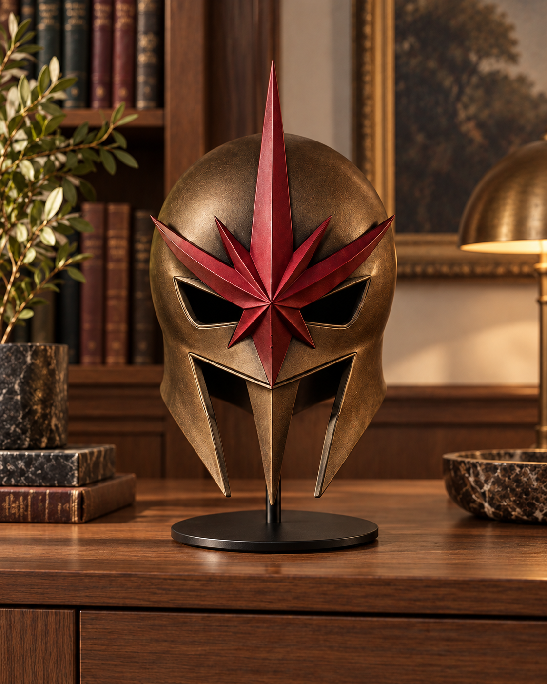 Bronze Nova Corps-inspired helmet with red star emblem on display.